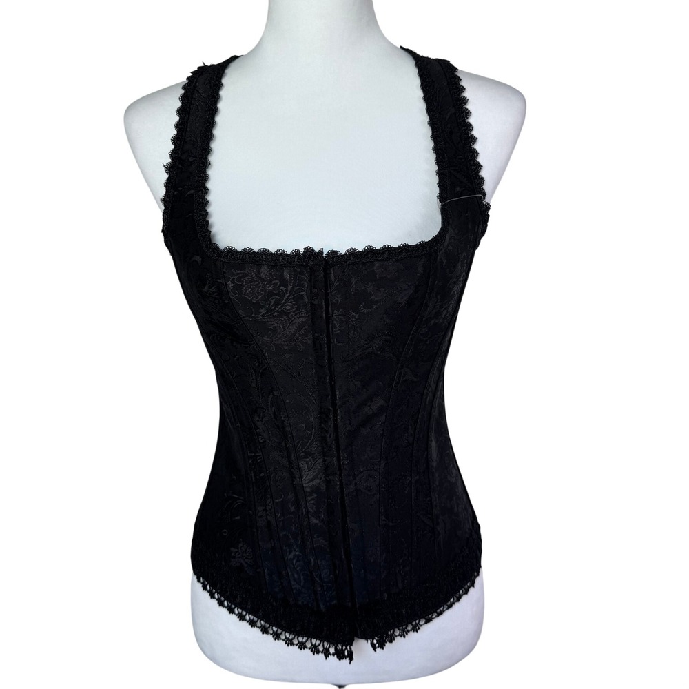 ICOLLECTION Size 34 Black Floral Brocade‎ Lace Racerback Corset Top G-String Set